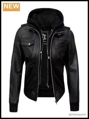 Women's Real Lambskin Leather Jacket with Removable Hood - Motorcycle Style